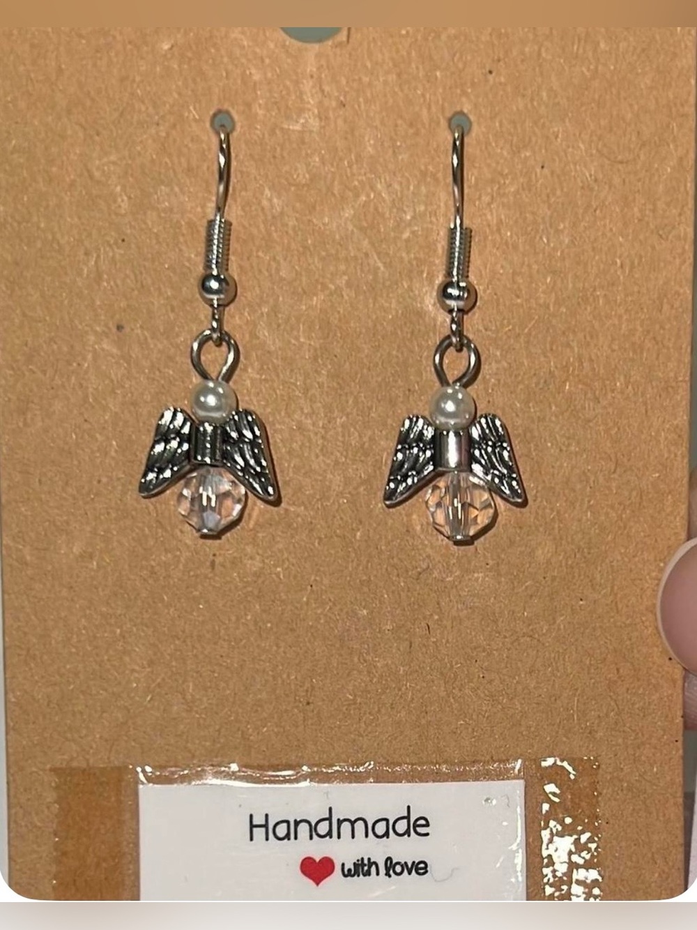 Handmade Silver Angel Drop Earrings with Clear Crystal and Pearl Accent